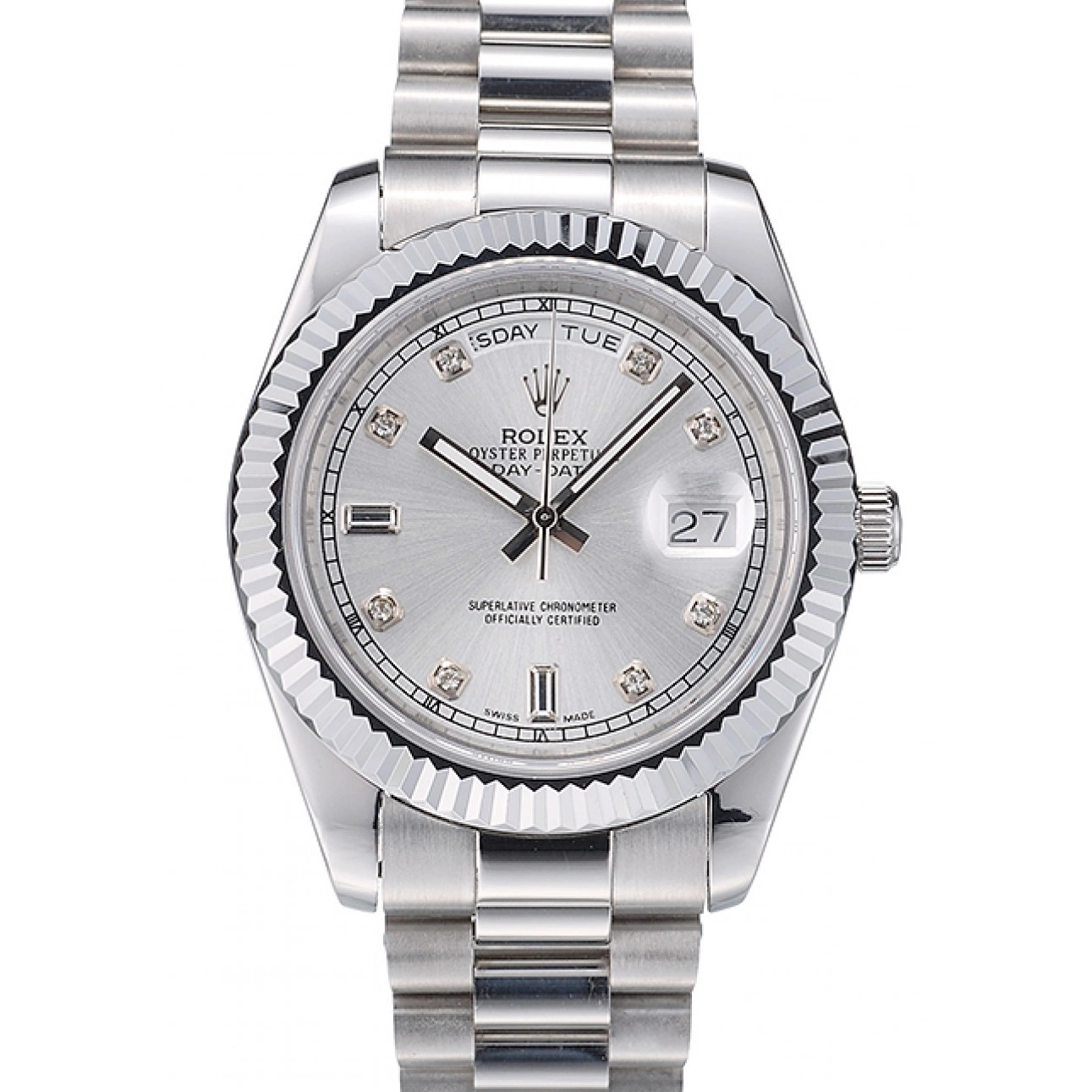 Aaa replica watch Rolex 41995 Dial Silver DayDate Ribbed Steel Bezel Stainless Swiss 0725